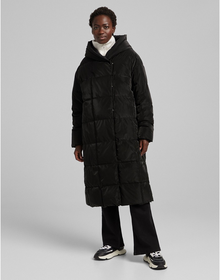 Bershka maxi padded quilted coat in black