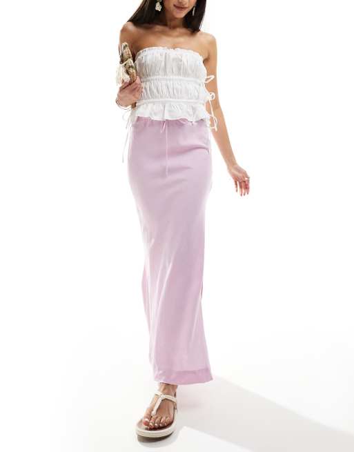 Bershka - Maxi rok met gestrikte taille van linnenmix in roze