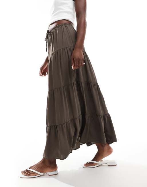Bershka - Maxi rok met stroken in chocoladebruin