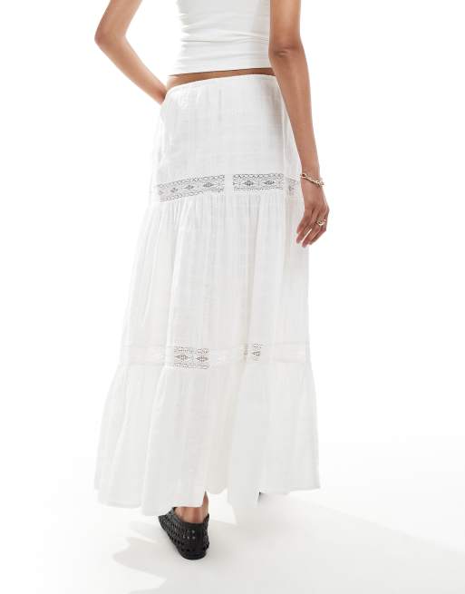 Bershka - Maxi rok met stroken, kant en borduursels in wit, 2 van 5