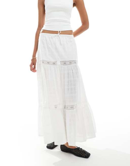 Bershka - Maxi rok met stroken, kant en borduursels in wit, 4 van 5