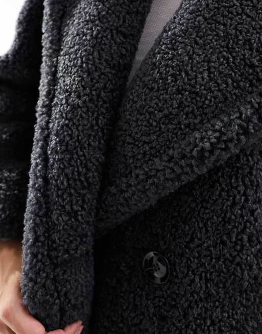 Bershka maxi shearling coat in charcoal