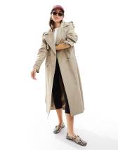 Missguided check collar balloon sleeve trench coat in deals sand