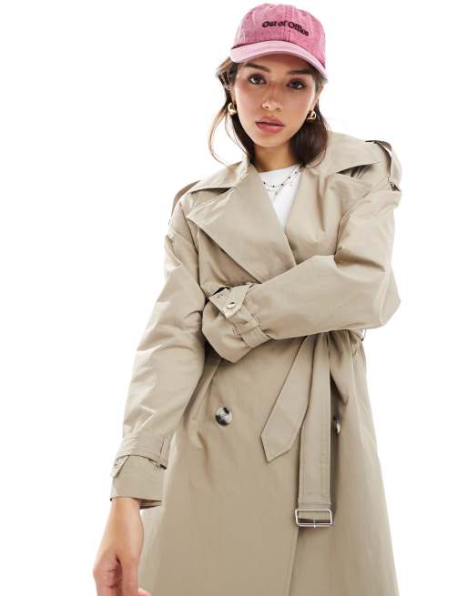 Bershka long line double shop button car coat in camel