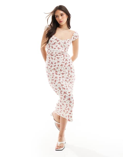 Bershka – Maxikleid im Milchmädchen-Design in Ecru mit rotem Blumenmuster - view 1