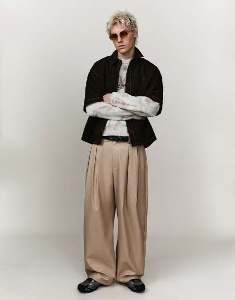 Bershka Megabaggy tailored fit trousers in beige - view 1