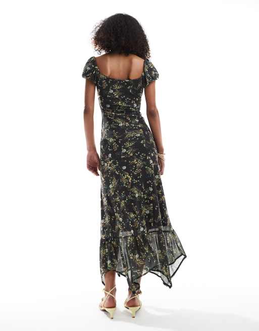 Bershka - Melkmeisjes maxi jurk met bloemen in zwart, 4 van 4