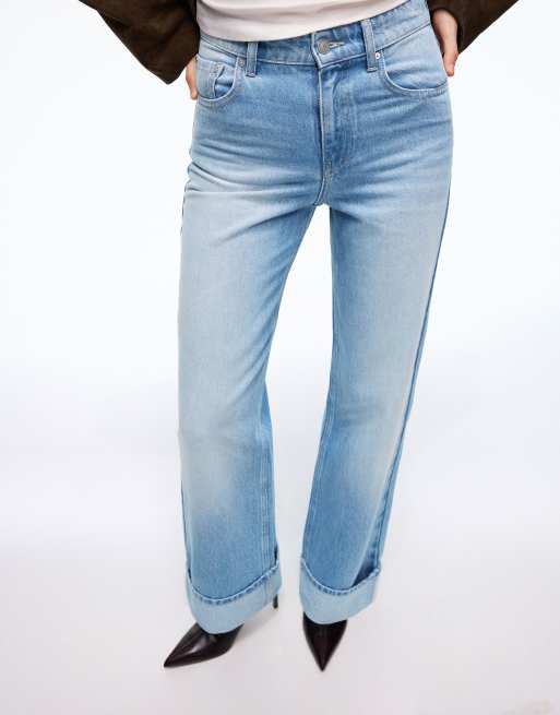 Bershka – Mellanblå jeans med raka ben, vida ben och uppvikt nederkant, 3 av 4