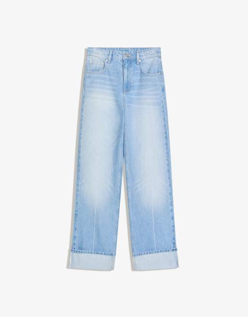Bershka – Mellanblå jeans med raka ben, vida ben och uppvikt nederkant, 4 av 4