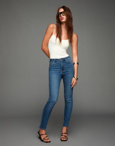 Bershka – Mellanblå, mjuka, skinny jeans med extra hög midja - view 1