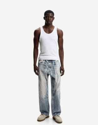 Bershka – Mellanblå, mönstrade jeans i baggy-stil - view 1