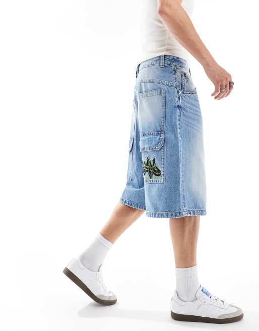 Bershka – Mellanblå, superbaggy, långa jeansshorts