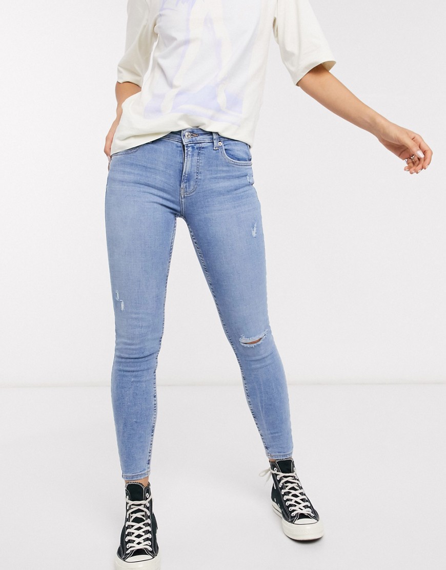 Bershka – mellanblå superskinny jeans med 5 fickor och knärevor