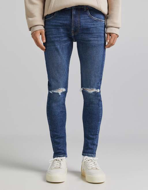 Bershka – Mellanblå superskinny jeans med slitna detaljer