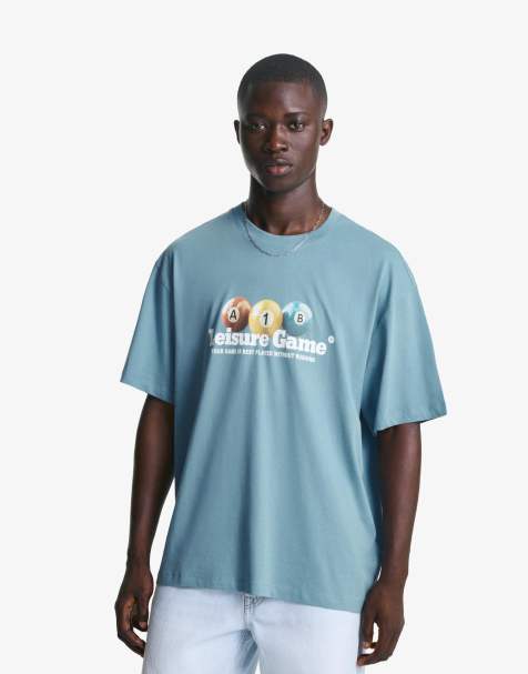 Bershka – Mellanblå t-shirt med korta ärmar och tryck - view 1