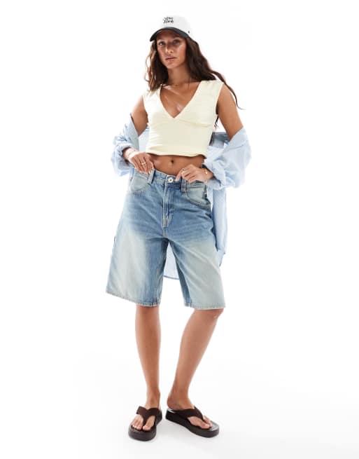 Bershka - Mellemblå baggy longline shorts med justerbar talje