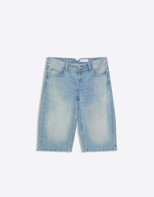 Bershka - Mellemblå bermudashorts med lige ben i denim, 4 af 4