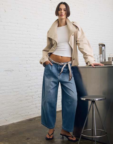 Bershka - Mellemblå cropped jeans med tøndeformede ben - view 1