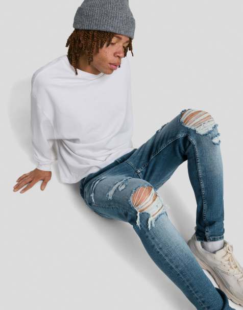 Bershka - Mellemblå superskinny jeans med huller - view 1