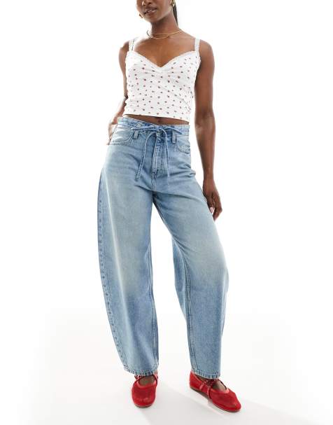 Bershka - Mellemvaskede jeans med tøndeformede ben og bindebånd foran - view 1