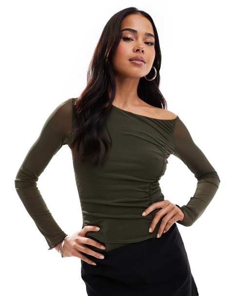 Bershka mesh asymetric top in khaki - view 1