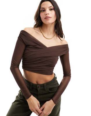 Bershka mesh bardot top in chocolate