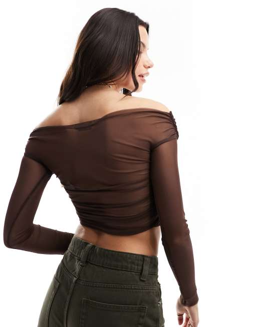 Chocolate Cropped Fitted Mesh Top