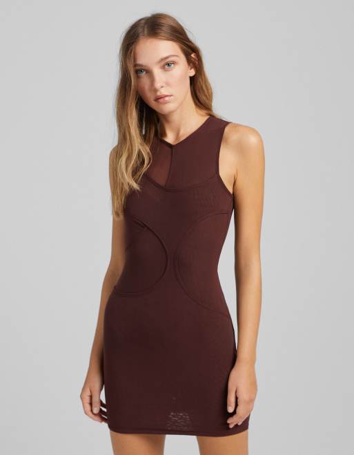 Bershka Cut Out Shoulder Knit Dress In Chocolate Brown