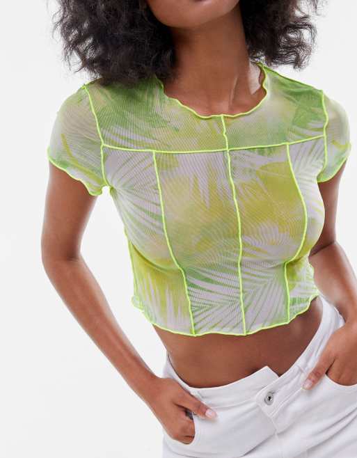 Bershka mesh exposed seam palm print crop top in lime