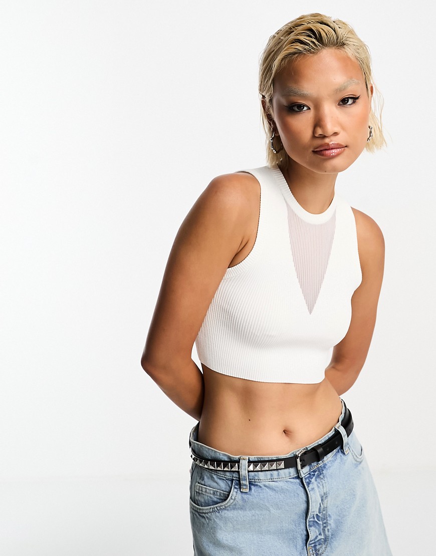 Bershka mesh front knitted top in white