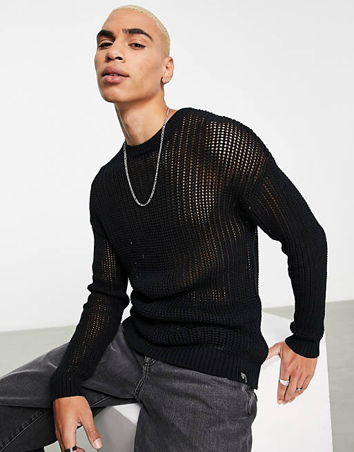Bershka mesh knitted jumper in black | ASOS