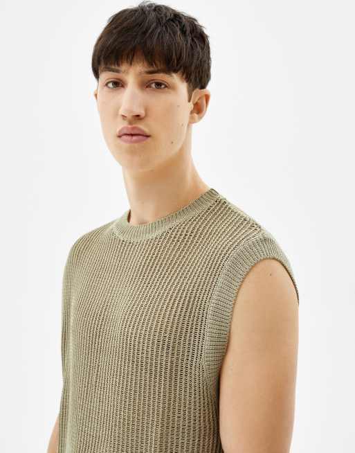 Bershka mesh knitted vest in sand