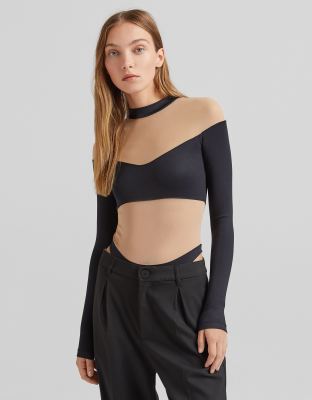 BERSHKA MESH LONG SLEEVE COLOR BLOCK BODYSUIT IN BEIGE AND BLACK,8705/813/800