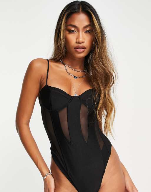 Flocked Zebra Satin Panel Corset Bodysuit