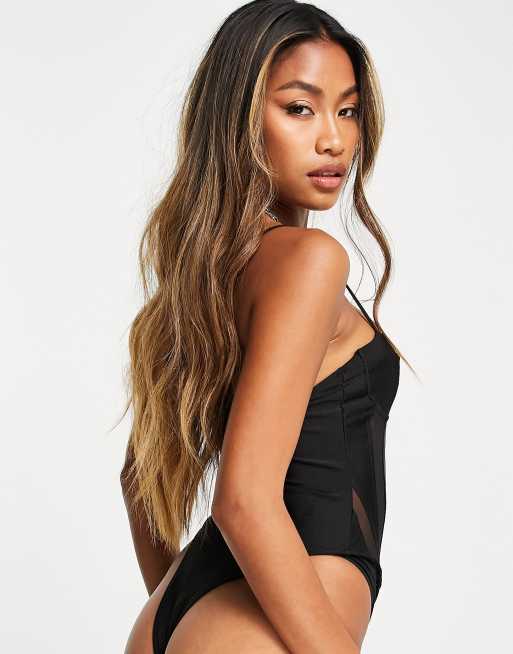 Missguided Petite scuba bodysuit with corset detail in black