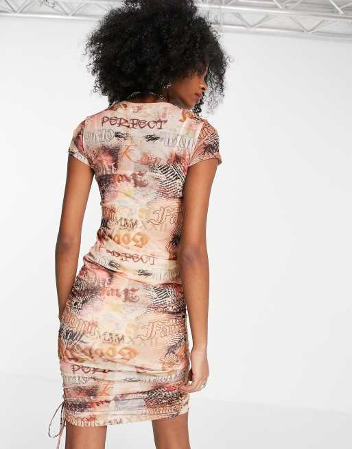 Bershka mesh printed ruched dress in beige | ASOS