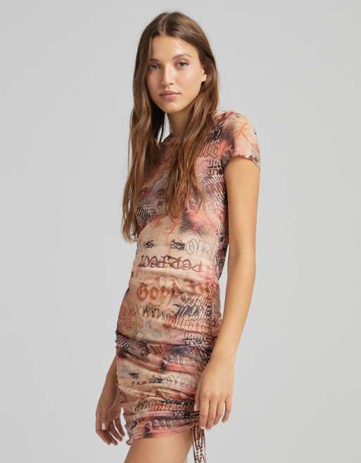 Bershka mesh printed ruched dress in beige