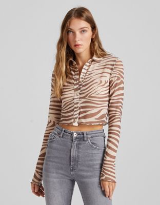 Bershka mesh shirt in brown zebra print