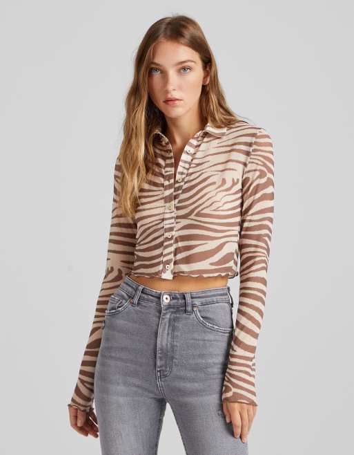 Bershka mesh shirt in brown zebra print ASOS