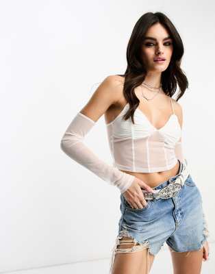 Bershka Mesh Sleeve Corset Top In White-black