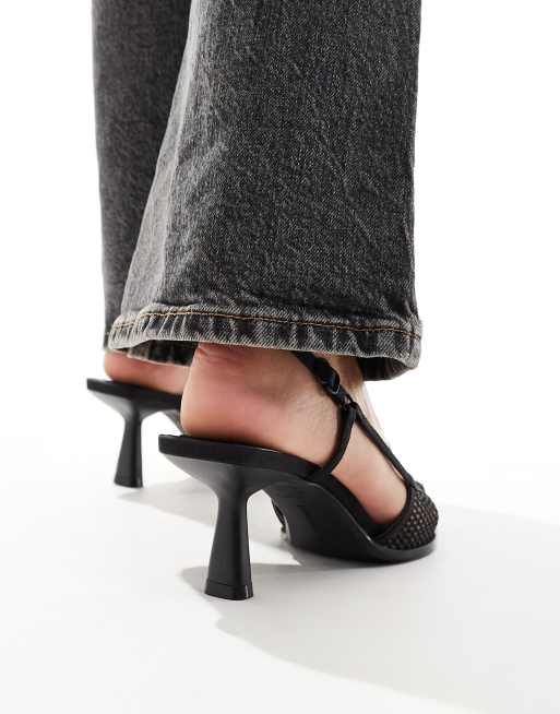 Bershka mesh slingback kitten heels in black | ASOS
