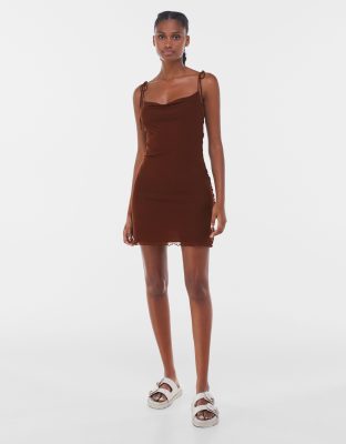 Bershka mesh tie strap mini dress with lettuce hem in brown