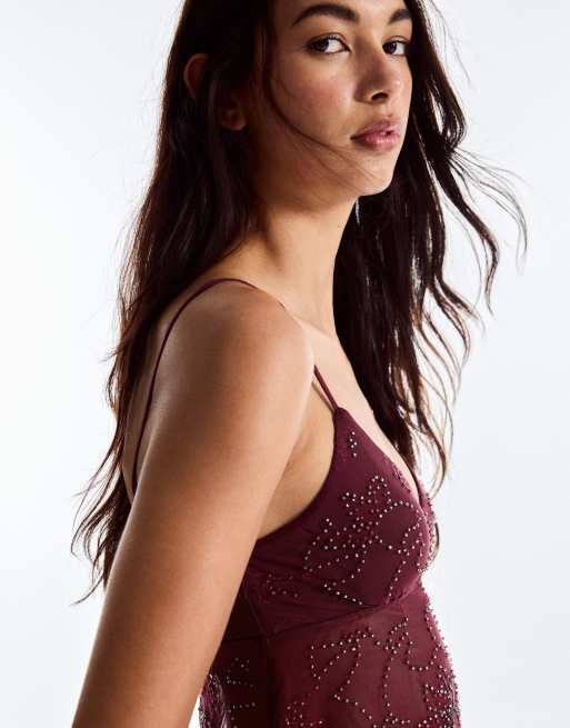 Bershka mesh-top med rhinsten og stropper i burgundy, 4 af 6