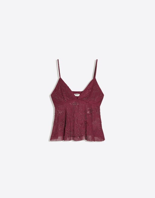 Bershka mesh-top med rhinsten og stropper i burgundy, 5 af 6