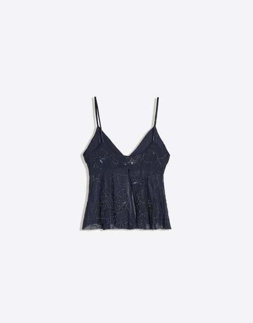 Bershka Mesh-Top mit Trägern und Strasssteinen in Blau, 6 von 6
