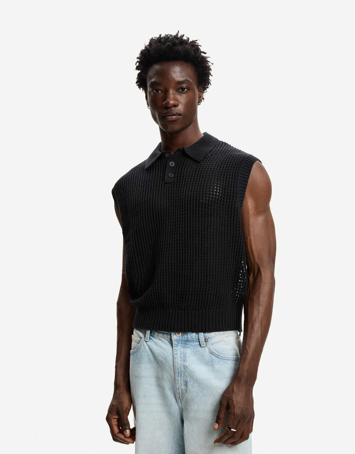 Bershka mesh vest with polo collar and buttons in black