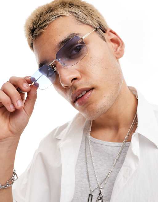Bershka metal frame blue lens sunglasses in silver