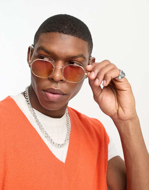 Bershka metal frame hexagon sunglasses in gold ASOS