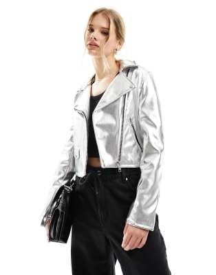 Bershka Metallic Biker Jacket In Silver