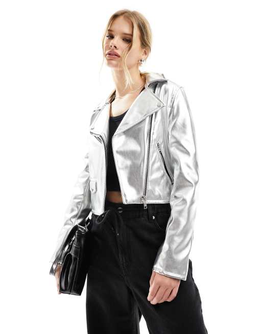 Bershka metallic biker jacket in silver | ASOS